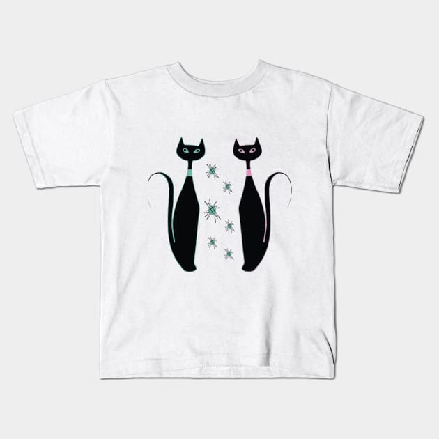 Mid Mod Pink and Turquoise Kitties Kids T-Shirt by Lisa Williams Design